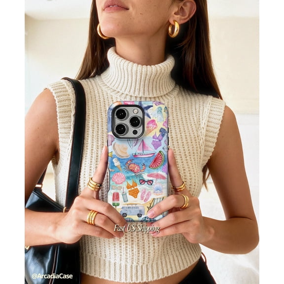 Beachy Blue Coastal Collage Phone Case For iPhone Samsung Shockproof Hard Shell Preppy Aesthetic Summer Vibes