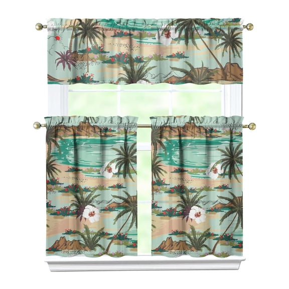 Beachy Boho Kitchen Curtains 3-Piece Set - Safari Jungle Island Valance & Tiers, Coastal Paradise Semi-Sheer Rod Pocket Window Panels