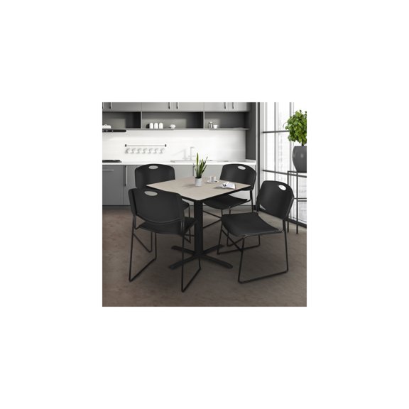 Beachy Boho Square Breakroom Table with Maple Laminate Top Chrome Legs and 4 Black Stack Chairs for Modern Office and Dining Use
