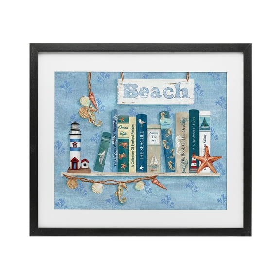 Stupell Industries Beachy Book Shelf Panel Black Framed Print Under Glass, design by Emma Leach, 13 x 16