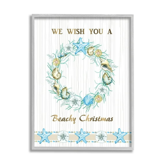 Beachy Christmas Sea Life Seashell Wreath Pattern Coastal Graphic Art Framed Art Print Wall Art