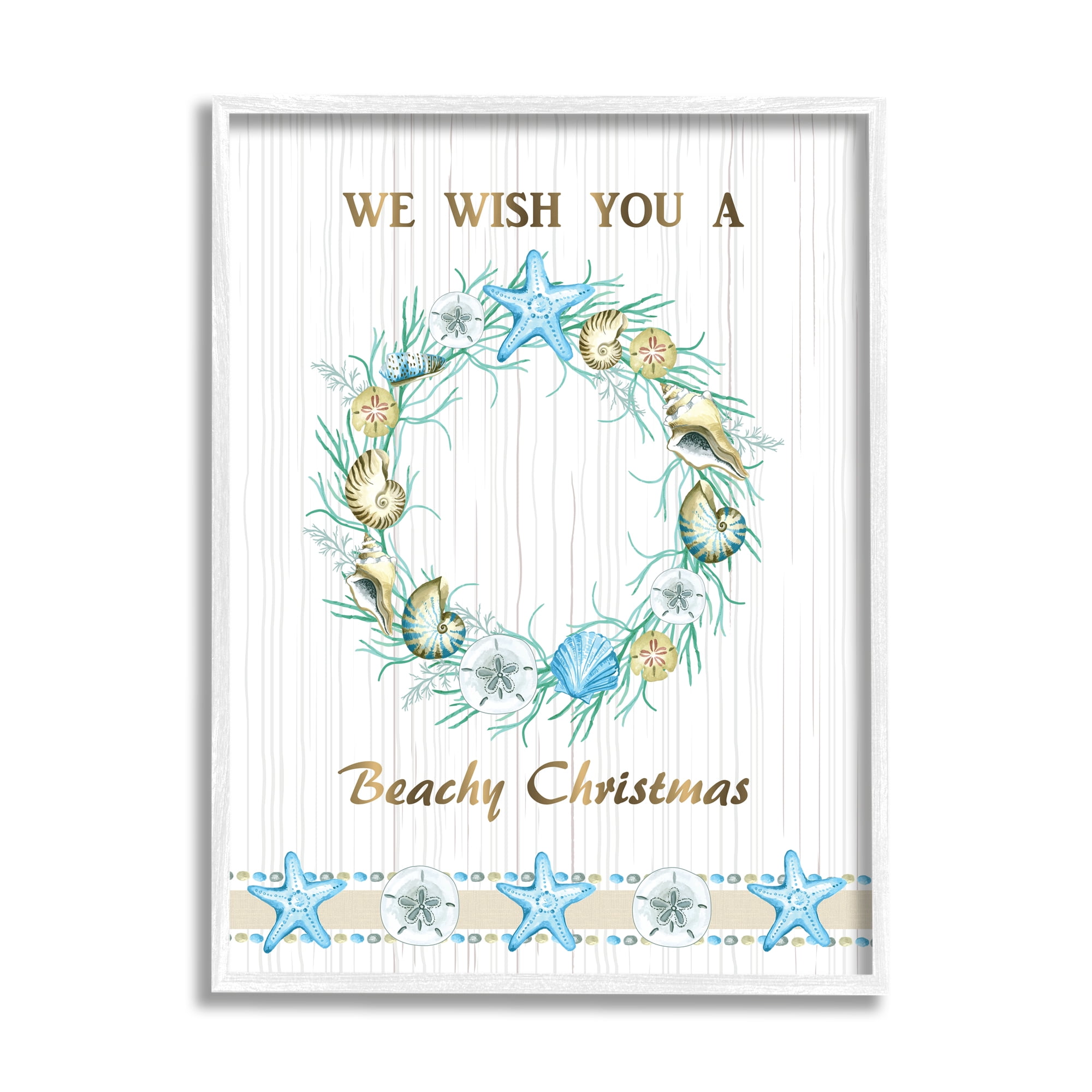 Beachy Christmas Sea Life Seashell Wreath Pattern Coastal Graphic Art Framed Art Print Wall Art