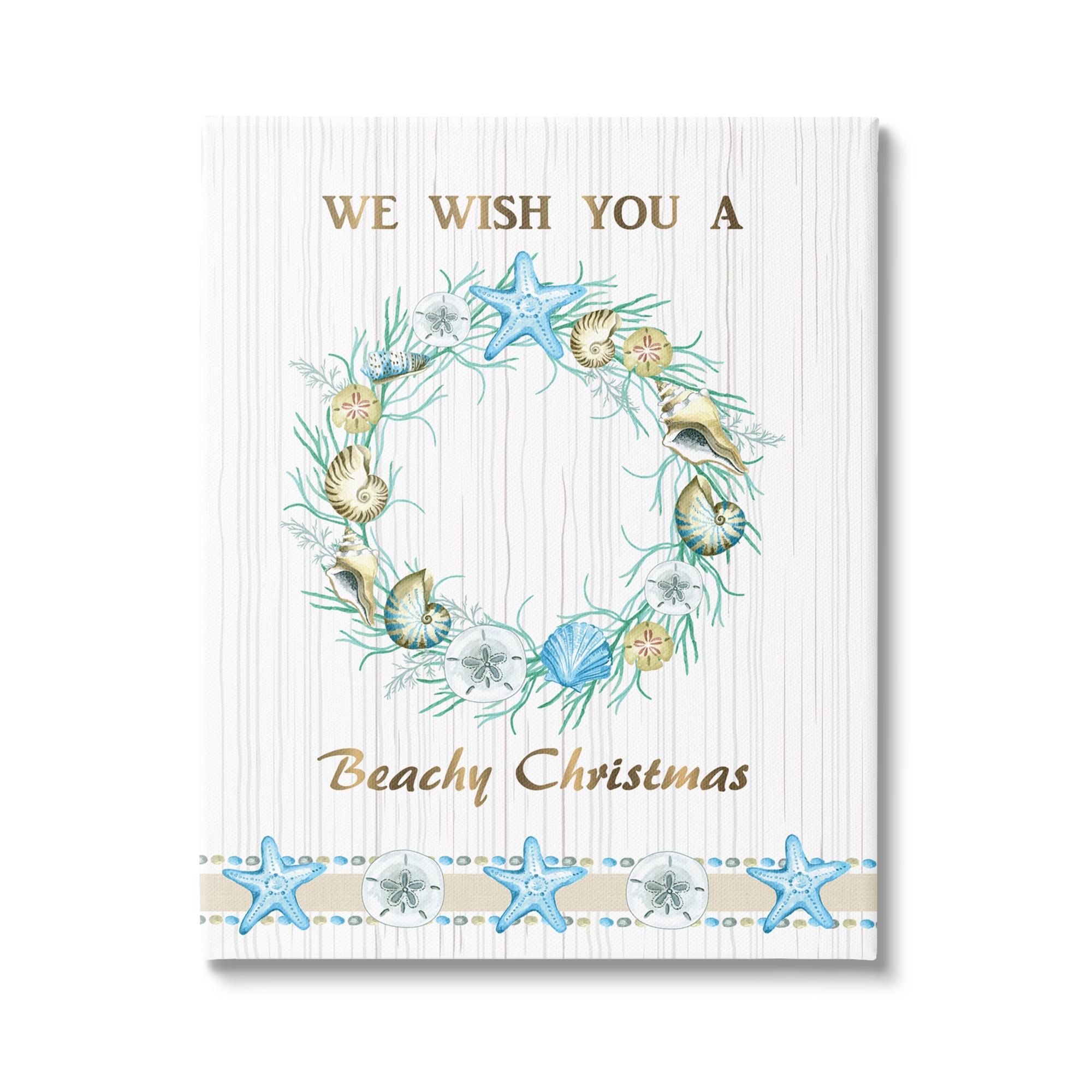 Beachy Christmas Sea Life Seashell Wreath Pattern Coastal Graphic Art Gallery-Wrapped Canvas Print Wall Art