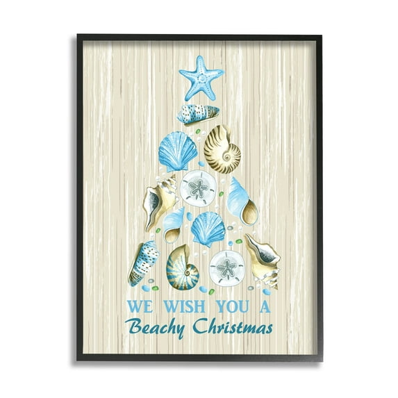 Beachy Christmas Seashell Tree Rustic Pattern Design Coastal Graphic Art Framed Art Print Wall Art