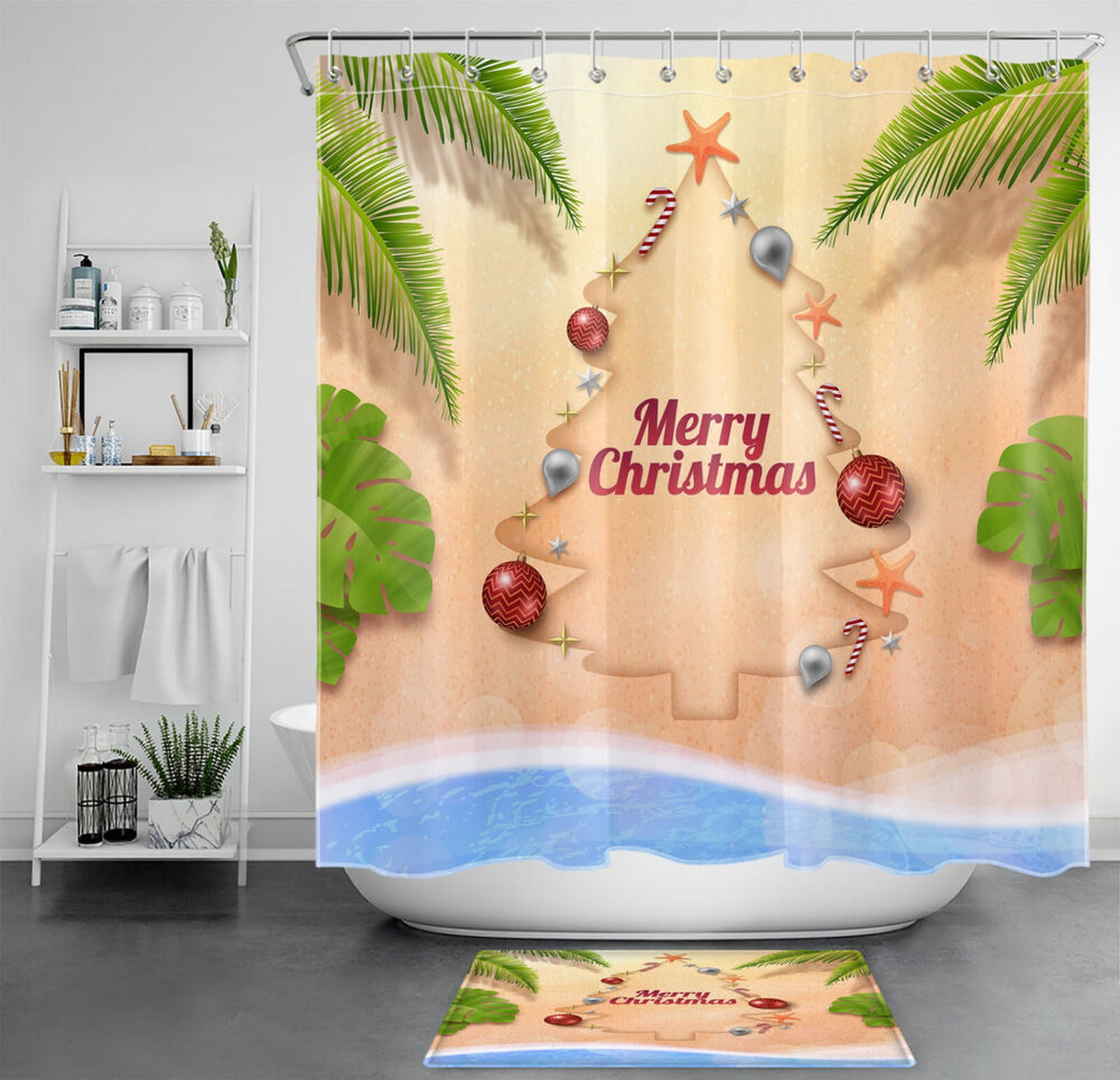 Beachy Christmas Shower Set: Tropical Leaf Print Bathroom Accessories ...