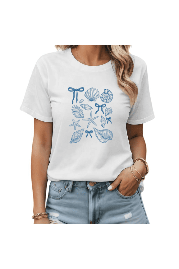 Beachy Coastal Seashells Bows Graphic Tees Womans T shirt Shirts Black White S-5XL Tops
