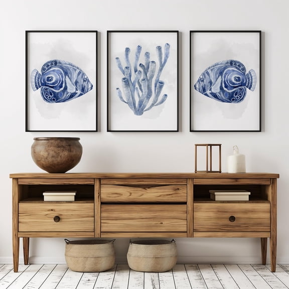 Beachy Decor Navy Blue Fish Art Coastal Print Cape Cod Set 3 Stretched Canvas 8x12