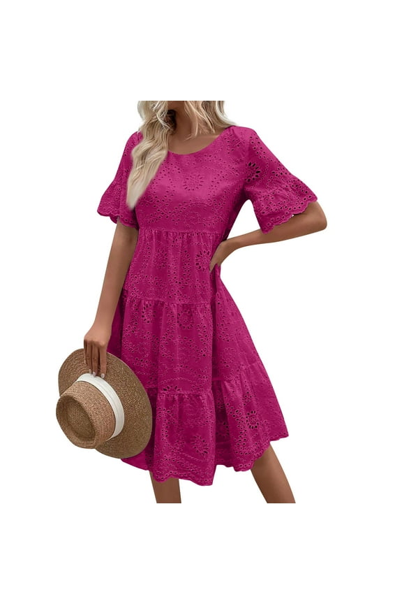 Beachy Dresses For Women 2025, Eyelet Easter Dress Embroidery Lace V Neck Bell Short Sleeve Boho Beach Wedding Guest Midi Dresses Spring Evening Dress 2025 Dresses Cocktail (S, Hot Pink) ZMTing