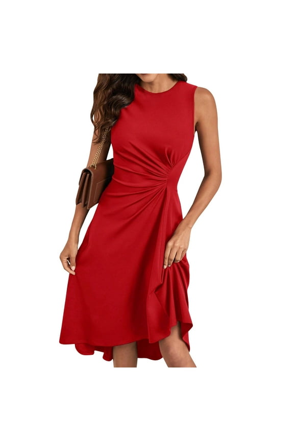 Beachy Dresses For Women 2025, Tank Dresses Cocktail Wedding Guest A Line Tunic Wrinkled Ruffle 1950S Dresses Dusty Rose Cocktail Dresses 2025 African Elegant Dresses Maxi (S, Red) ZMTing