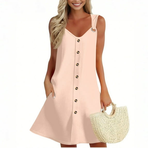Beachy Dresses For Women 2025, Tank Sundress Casual V Neck Sleeveless Button Down Beach Dress With Pockets Nye Sweater Dress Birthday Sexy Plus Size Formal Dresses (L, Beige) ZMTing