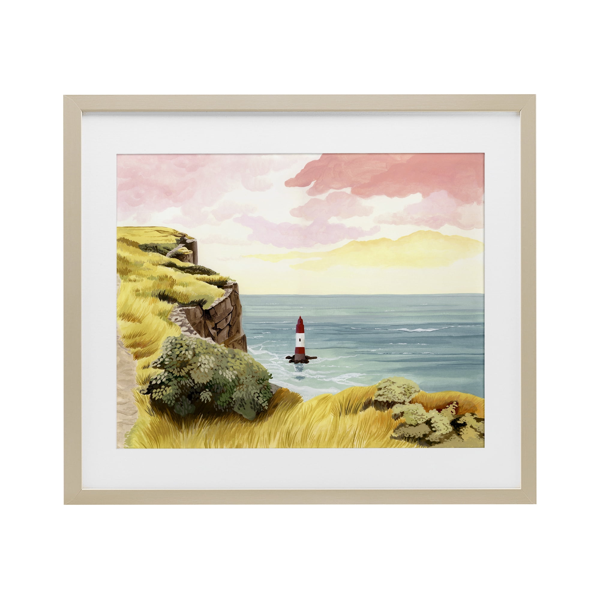 Beachy Head Lone Lighthouse Birch Framed Print Under Glass, design by Courtney Haley