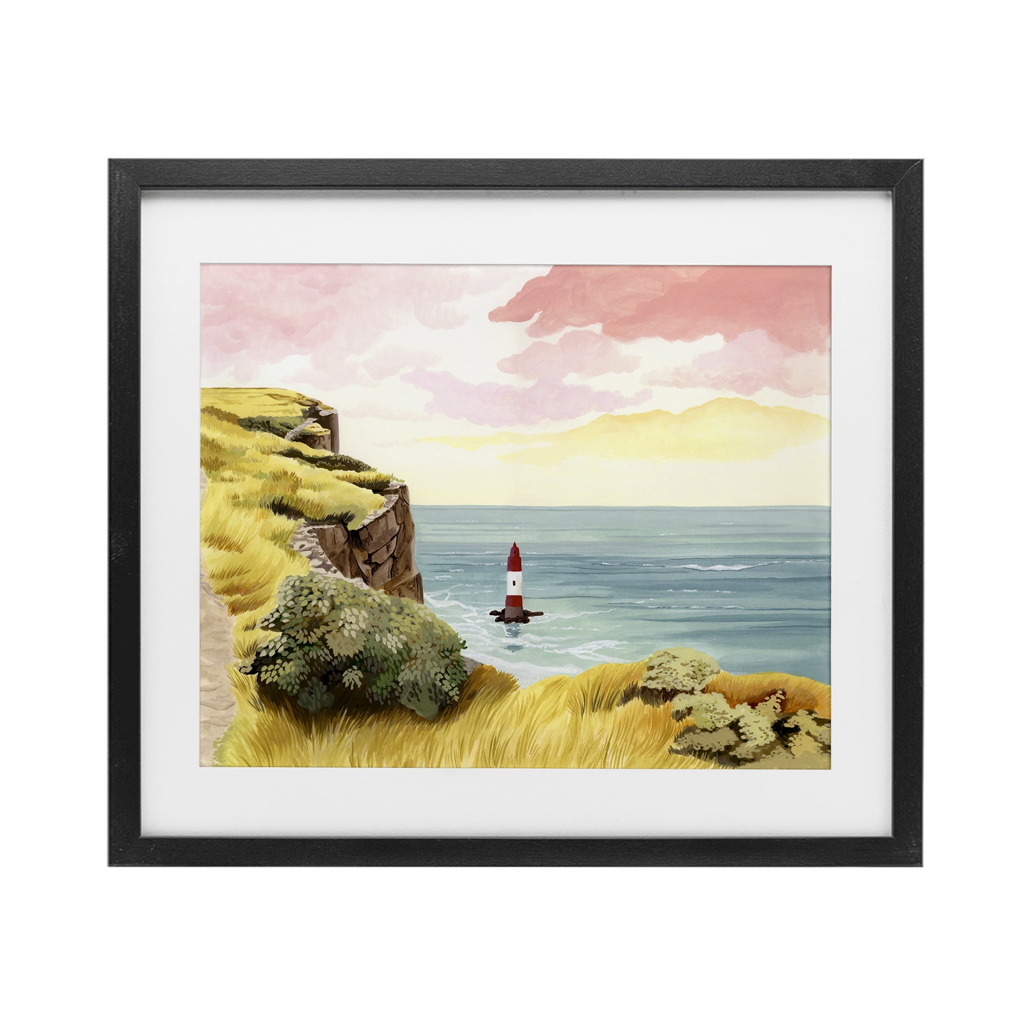 Beachy Head Lone Lighthouse Black Framed Print Under Glass, design by Courtney Haley