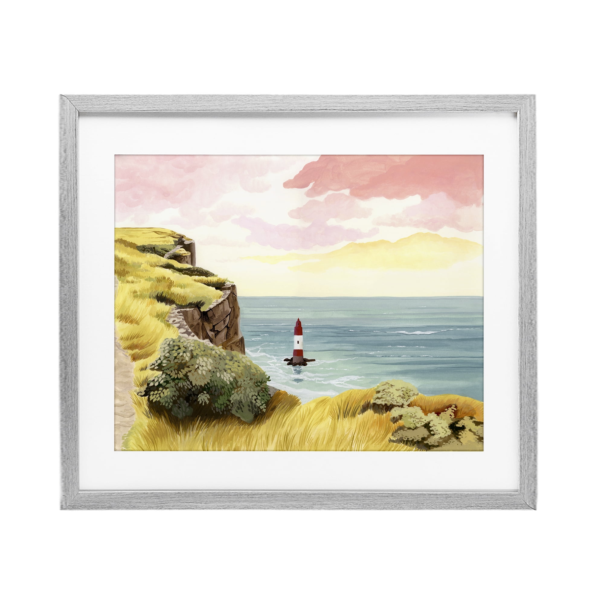 Beachy Head Lone Lighthouse Gray Framed Print Under Glass, design by Courtney Haley
