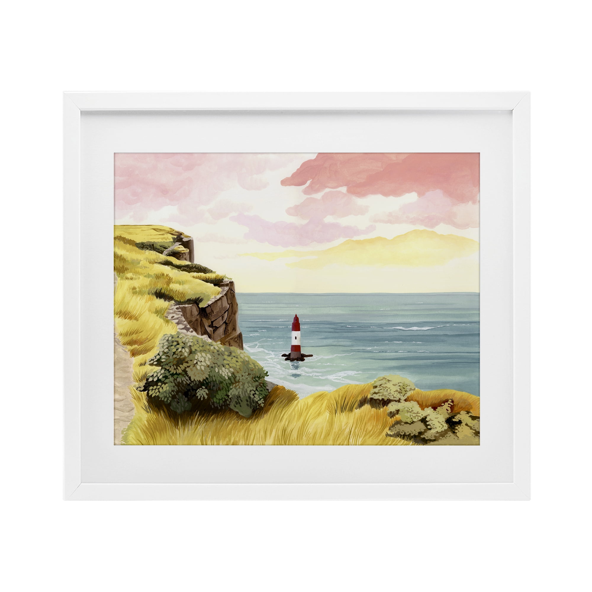 Beachy Head Lone Lighthouse White Framed Print Under Glass, design by Courtney Haley