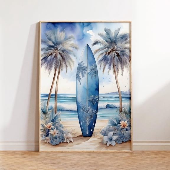 Beachy Print, Palm Trees Wall Art, Surfboard Poster, Coastal Cowgirl Poster, Light Blue Vintage Coastal Granddaughter Aesthetic Wall Art, Modern Wall Decor, 12x18 UNFRAMED