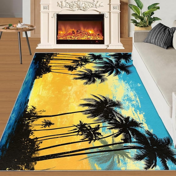 Beachy Rug Hawaii Palm Beach Ocean Area Rug Washable, Landscape Tropical Carpet Home Room Decor Rugs for Living Room Bedroom Kitchen Dorm Indoor Mat, Non-Slip Low-Pile-4' x 5'