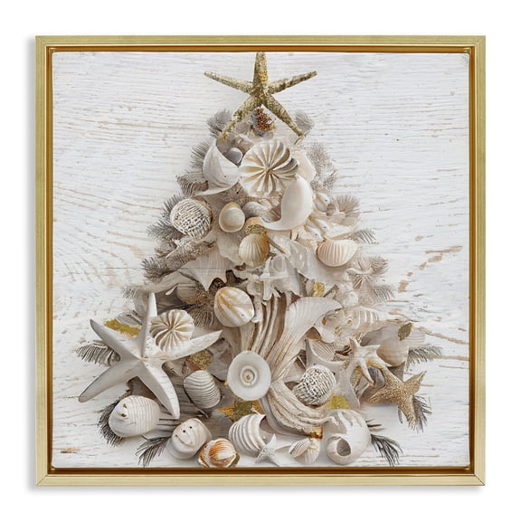 Stupell Industries Beachy Shiplap Christmas Tree Gold Framed Floater Canvas Wall Art, design by Sasha, 18 x 18