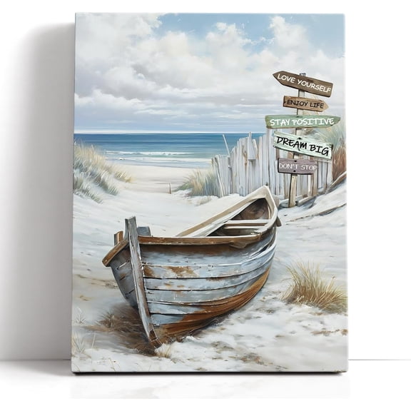 Beachy Wall Art Beach Décor Ocean Canvas Picture Coastal Artwork Boat And Guide Board Rustic Beach Wall Arts Beachy Canvas Print Coastal Beachs Wall Art For Bathroom Bedroom Living Room 12x16 Inch