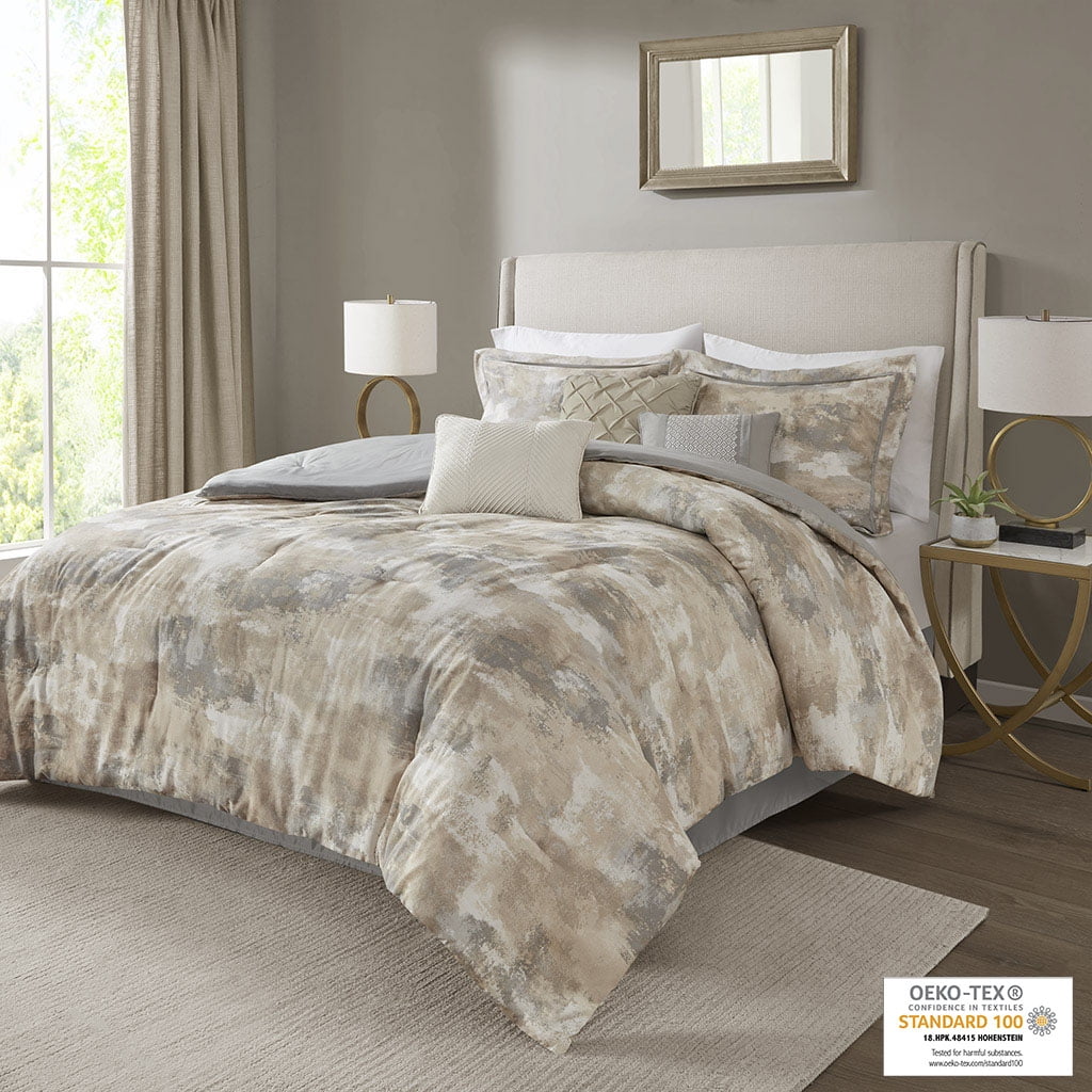 Gray Abstract Print 7-Piece Queen Comforter Set