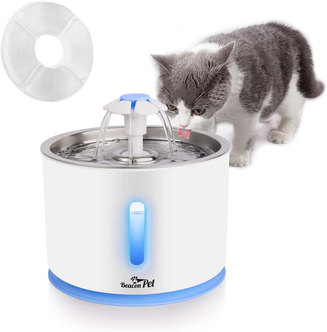 Beacon Pet Water Fountain, 84oz/2.4L Automatic Cat Fountain Stainless Steel Dog Water Dispenser with Filter & Led Lights for Cats, Dogs, Multiple Pets