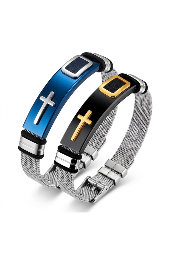 Men's Cross Bracelet, Stainless Steel Mesh Wristband, Blue & Silver/Black-Gold Tone
