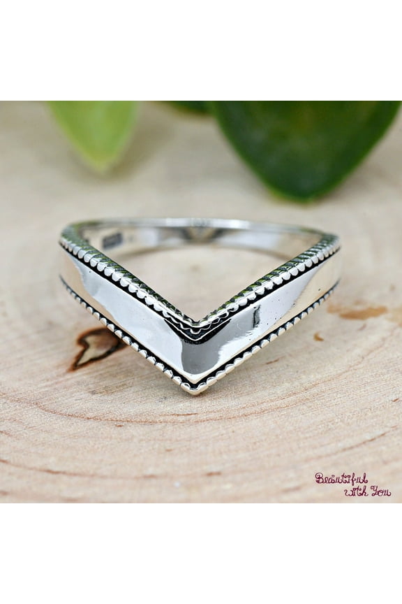 Bead Ball V Shape Chevron Ring, Solid 925 Sterling Silver Stackable Thumb Ring, High Polished Minimalist V Ring for Women, Dainty Silver Ring Ring Size 6.75