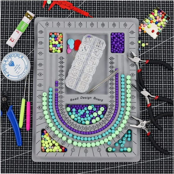 Bead Board for Jewelry Making Bead Tray Beading Supplies Flocked Design Necklace Maker Bracelet Making Trays Measurement Board Handmade DIY Craft Tools Kit with Jewelry Pliers