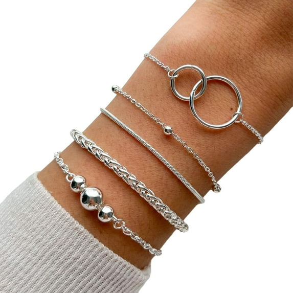 Bead Bracelet Set Stylish 5 Pcs/set Bracelet Set Chain Hoop Hollow Stainless Solid Color Bead Adjustable Extended Length Lightweight Lady Wrist