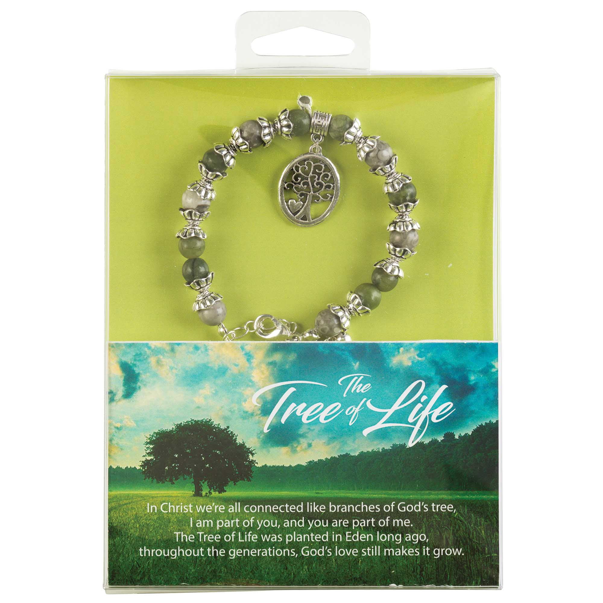 Dicksons 35-8086 Tree of Life Cross Green Maifanite and Jade One Size Genuine Beads Stone Women's Charm Stretch Bracelet