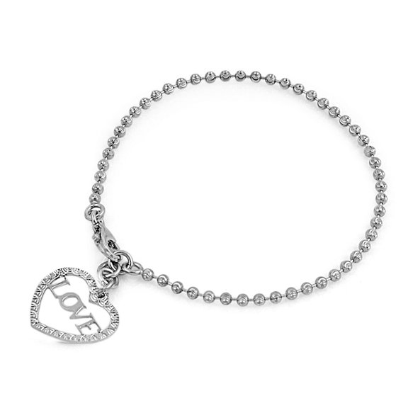 Bead Chain Love Heart Pendant 7" Charm Bracelet Sterling Silver