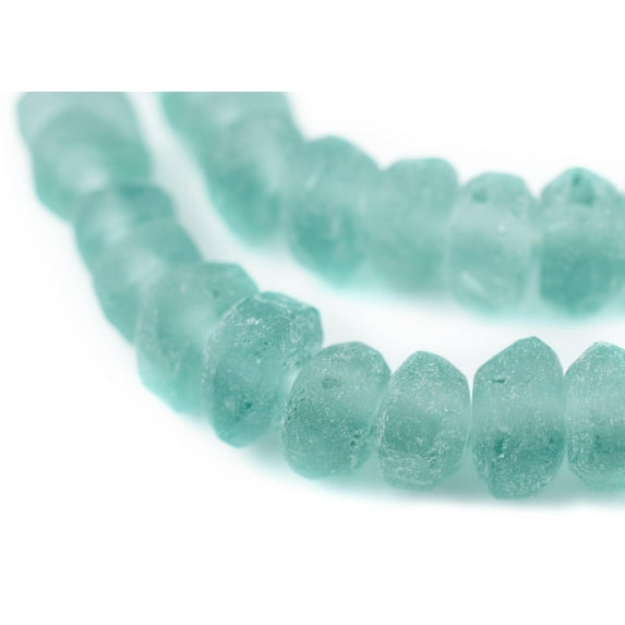 The Bead Chest Clear Marine Recycled Glass Beads 11mm Rondelle – Sea Glass Green Disk, Large Hole 23-Inch Strand, Handmade Fair Trade from Java, Indonesia I Approximately 50 Beads