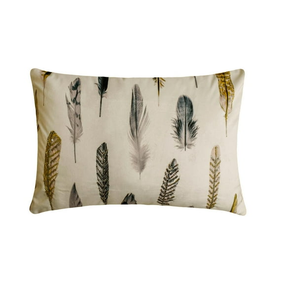 Bead Embroidery Green Decorative Lumbar Pillow Cover 12" x 18" | Modern Satin Oblong Pillow Cover Birds | Feather, Handwork, Printed Pillowcases for Bed, Couch & Sofa - Feather Fluff Green