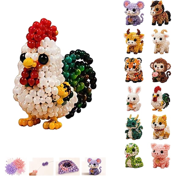 Bead Embroidery Kit, 3D Beaded Animal Kit, DIY Animal Beading Kit for Beginners, Make Cute 3D Animal Charms & Decor, Complete Craft Set with All Tools (Rooster)