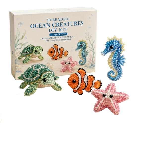 Bead Embroidery Kit for Beginners, 3D Sea Life Beaded Figurine Craft Set for Adults, Create 4 Ocean Creatures for Shelf Display, Coastal Home Decor Project for Craft Lovers with Materials and Guide