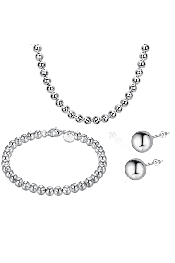 Bead Ensemble Silver Matching Set Ball Studs Classic for Woman Female of Any Age Special Occasion Holiday Birthday Anniversary