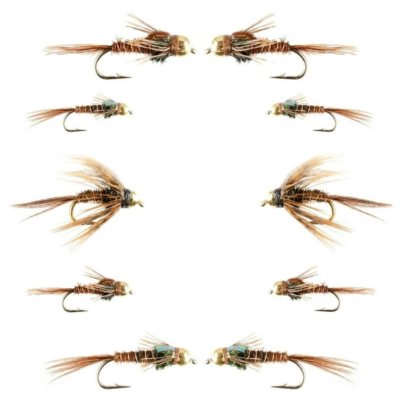 Bead Head Pheasant Tail Nymph Fly Fishing Assortment - 10 Wet Flies - Sizes 14, 16, 18 - Trout, Bass, Panfish Natural Pheasant Tail Hook Sizes 14, 14, 16
