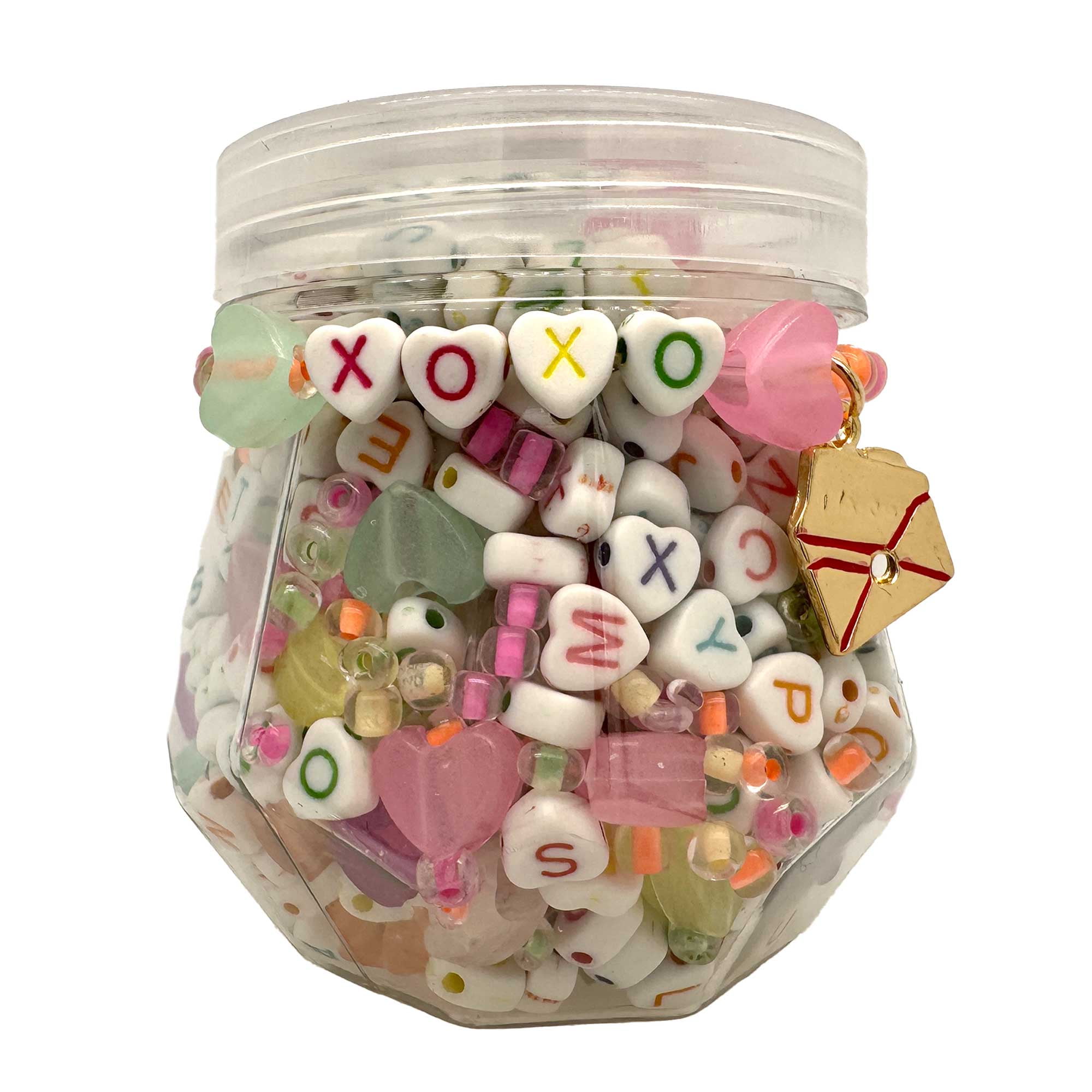 Bead Jam Alphabet Bead Jar.  Heart Shaped Beads and Round Plastic Beads with Metal Charm Love Theme