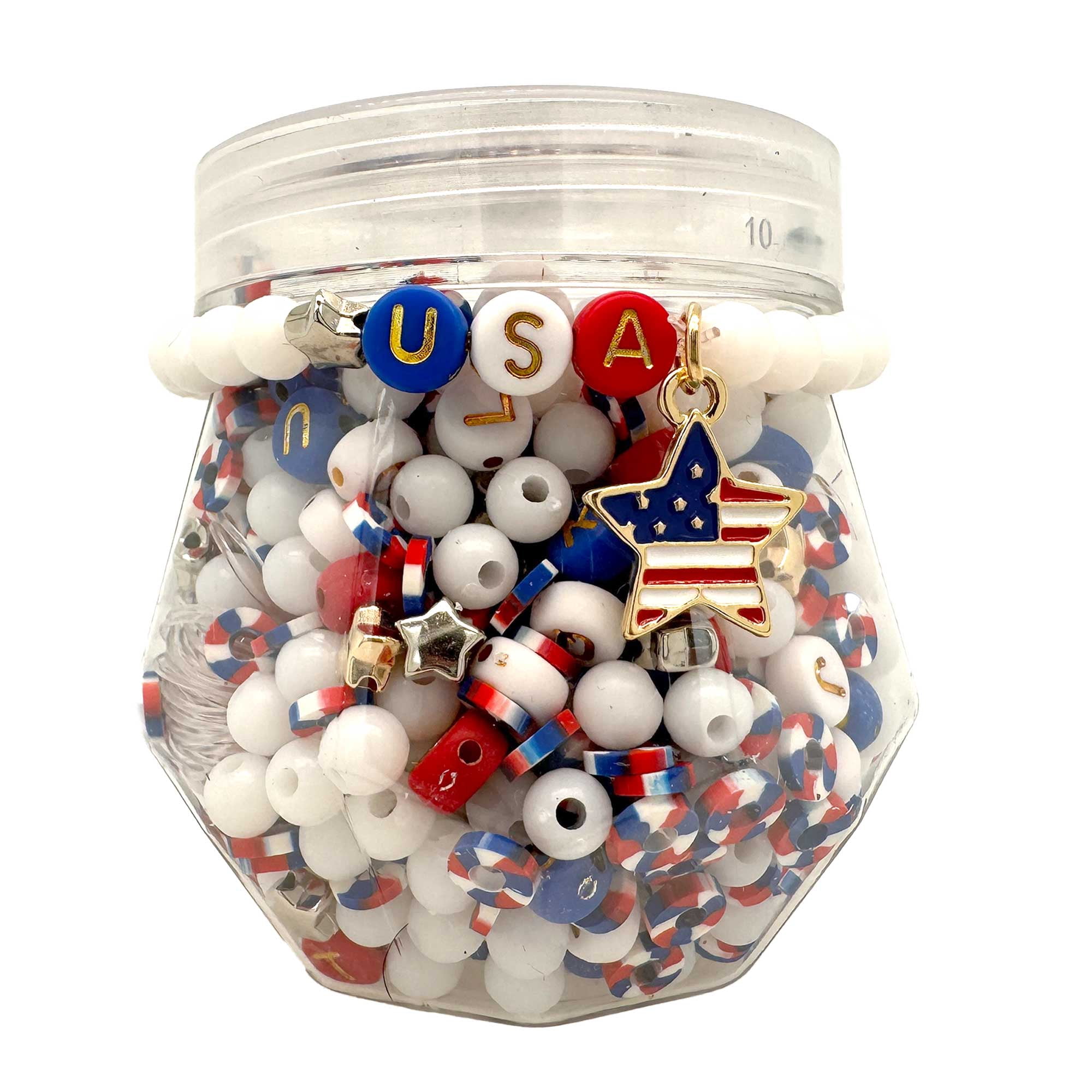 Bead Jam Alphabet Bead Jar. Red, White and Blue Alpha Beads and Round Beads with Star Charm