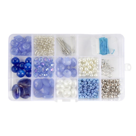 Bead Kits for Jewerly Making - 600pcs Bead Craft Set - DIY Bracelets, Necklaces, and Earrings Supplies Box - Arts and Crafts for Kids, Girls, Teens, Adults - Blue Pearl - Assortment 204