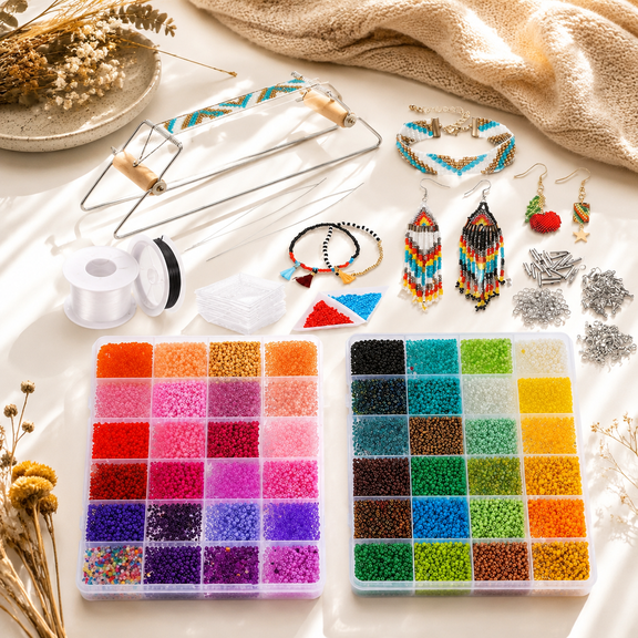 Bead Loom Jewelry Making Kit, 48 Colors Seed Beads Set with Beading Loom, String, Needles, Charms & Accessories for DIY Bracelets, Earrings, Necklaces, Handmade Craft Gift for Adults & Beginners