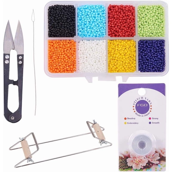 Bead Loom Kit - About 1600pcs 8 Color 12/0 Glass Seed Beads Steel Scissors Knitting Needle Threads for Necklace Bracelet Jewelry DIY Making Mixed Color