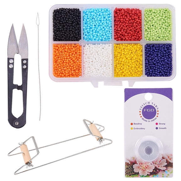 Bead Loom Kit - About 1600pcs 8 Color 12/0 Glass Seed Beads Steel Scissors Knitting Needle Threads for Necklace Bracelet