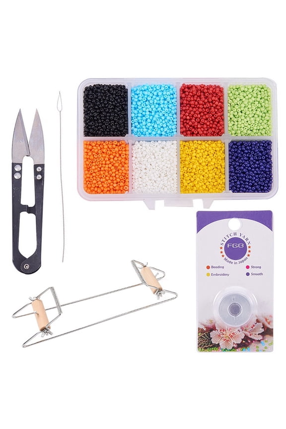 Bead Loom Kit - About 1600pcs 8 Color 12/0 Glass Seed Beads Steel Scissors Knitting Needle Threads for Necklace Bracelet