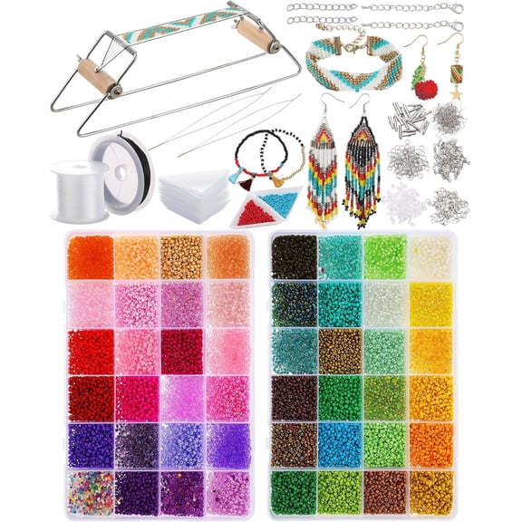 Bead Loom Kit for Adults 24000 Pcs Beading Loom Supplies with 48 Color 2 mm Glass Seed Bead Bracelets Christmas Jewelry Earring Making Tools Gifts for Women DIY Craft