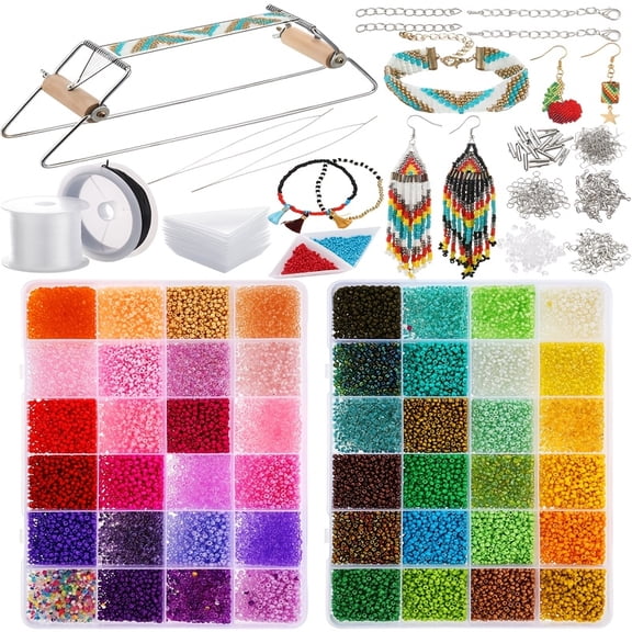 Bead Loom Kit with 24000 Glass Seed Beads 48 Colors Metal Wood Loom for Bracelet Necklace Earrings Making DIY Jewelry Craft Supplies for Adults
