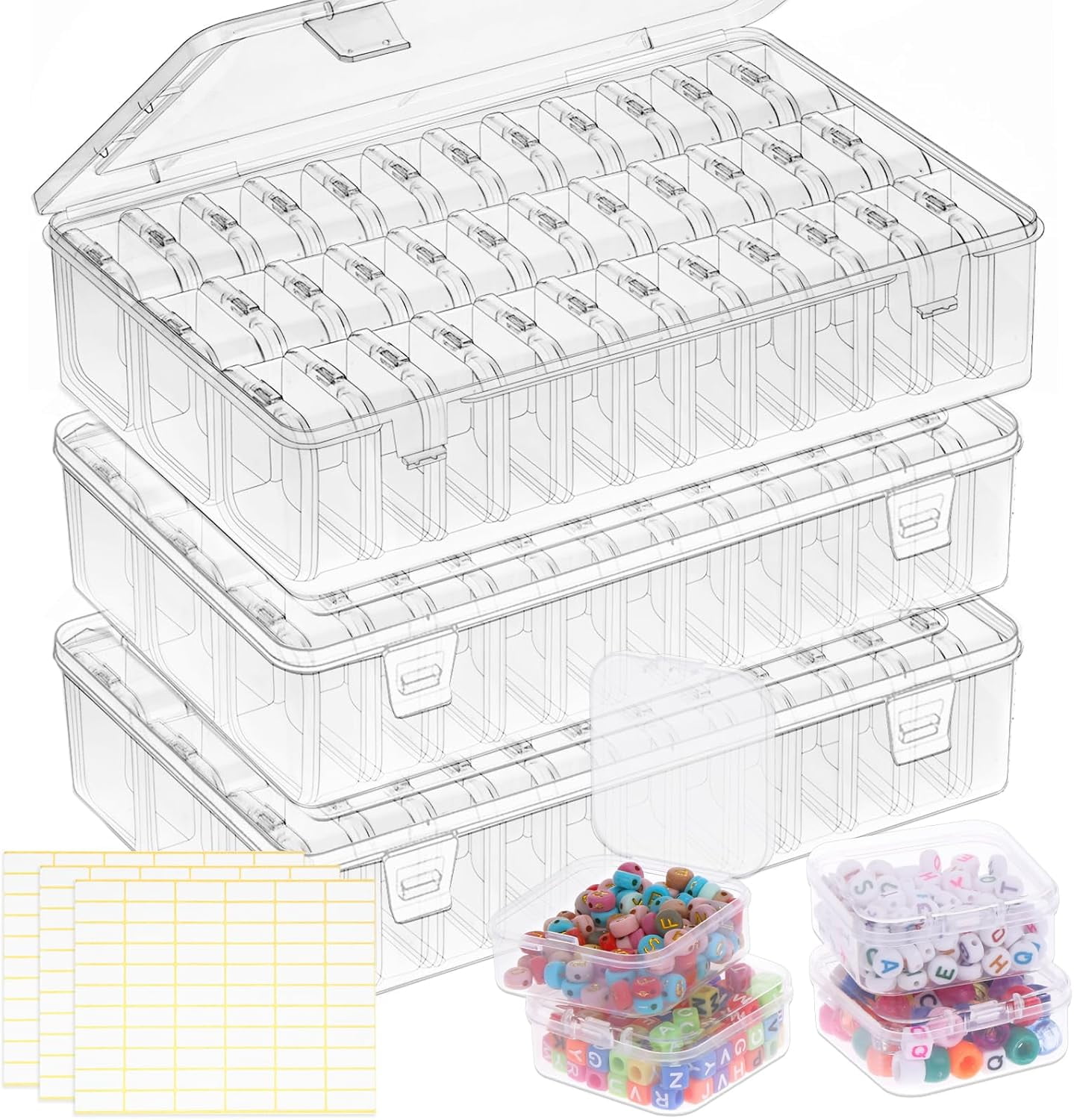 Bead Organizer Box, 108Pcs Small Clear Plastic Bead Storage, Mini Craft Storage Containers Boxes with Hinged Lid and Labels for Bracelets, Making DIY Jewelry Craft Nail, Screws, Seeds