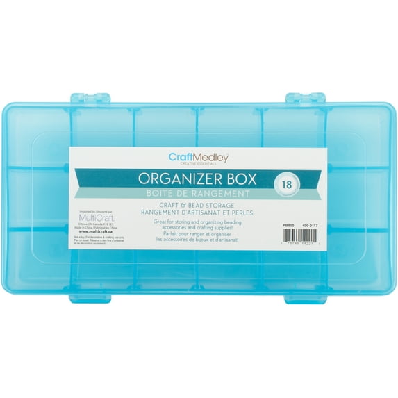 Bead Organizer Box 8.875" x 4.25" x 1.375", 18-Compartment with Lid