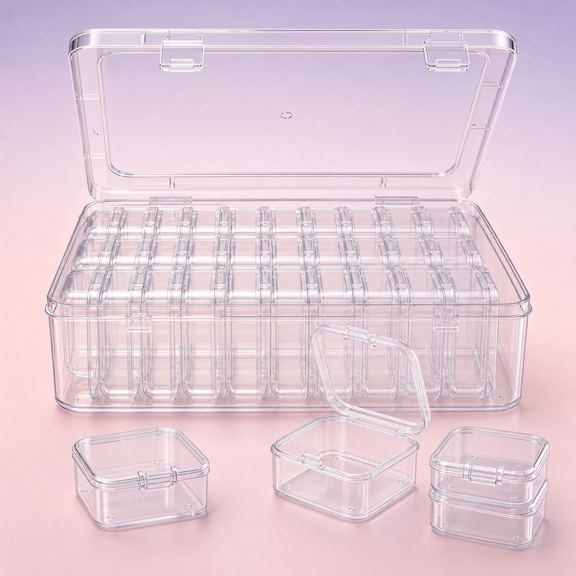 Bead Organizer Box Clear - 2P 62 Small Plastic Rectangular Hinged Lid Storage Containers for DIY Craft