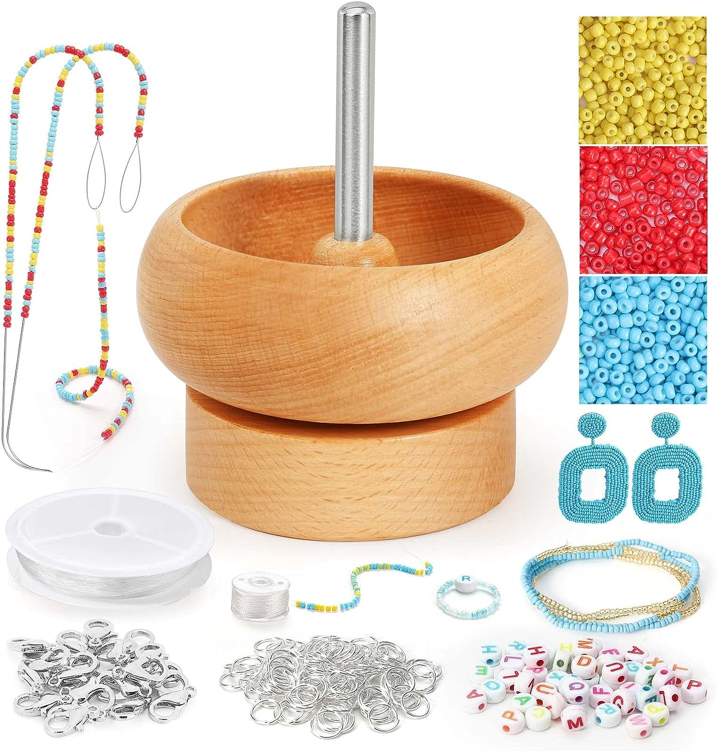 Bead Spinner for Jewelry Making, Effortless Rotating Wooden Bracelet  Spinner with 50 Letter Beads, 3000 Seed Beads, 2 Big Eye Beading Needles  for Making Seed Clay Beads Waist, Bracelets 