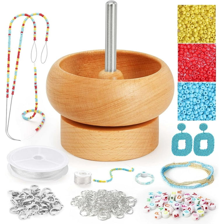 Bead Spinner for Jewelry Making, Effortless Rotating Wooden Bracelet  Spinner with 50 Letter Beads, 3000 Seed Beads, 2 Big Eye Beading Needles  for Making Seed Clay Beads Waist, Bracelets 